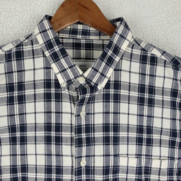 Ami Alexandre Mattiussi Shirt Mens 42 Extra Large White Black Plaid Button Down - Picture 2 of 10